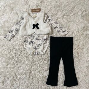 NEW Kit + Pearl Baby Girl 3 Piece Bow Set Faux Fur Vest Flare Pants Preppy 18M